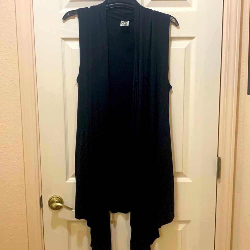 Black Sleeveless Open Front Waterfall Long Drape Shawl Sz Large